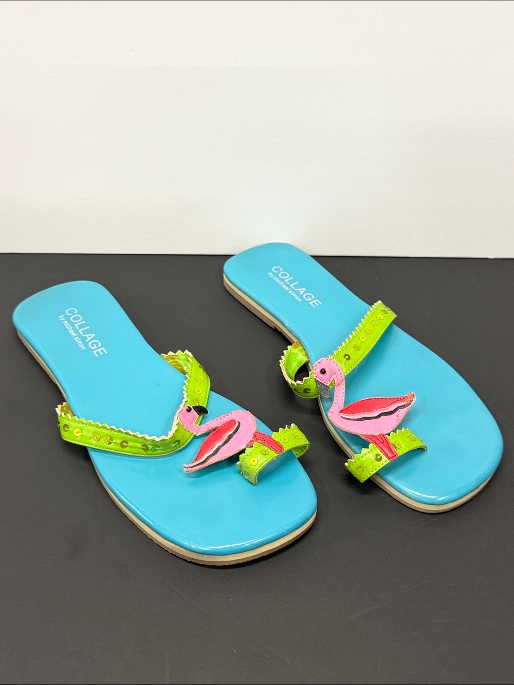 Michael Simon Turquoise Slide Sandals with Lime Straps & Pink Flamingo Accent